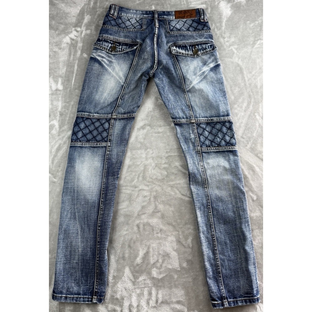 SOSOO Moto Biker Jeans Mens 30x32 Distressed Quilted Panel Skinny Denim